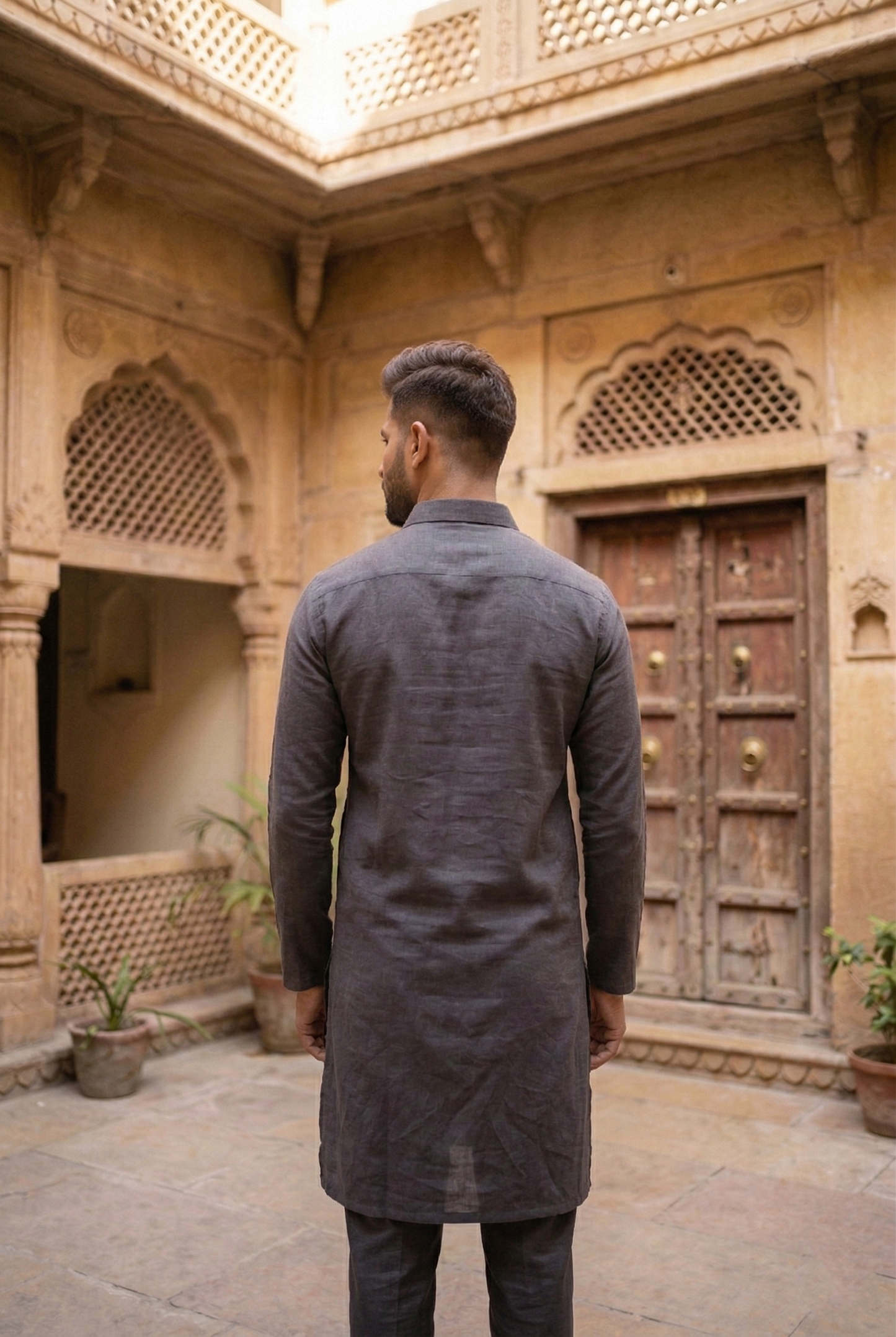 Men's Charcoal Grey Linen-Blend Plain Kurta Pajama Set