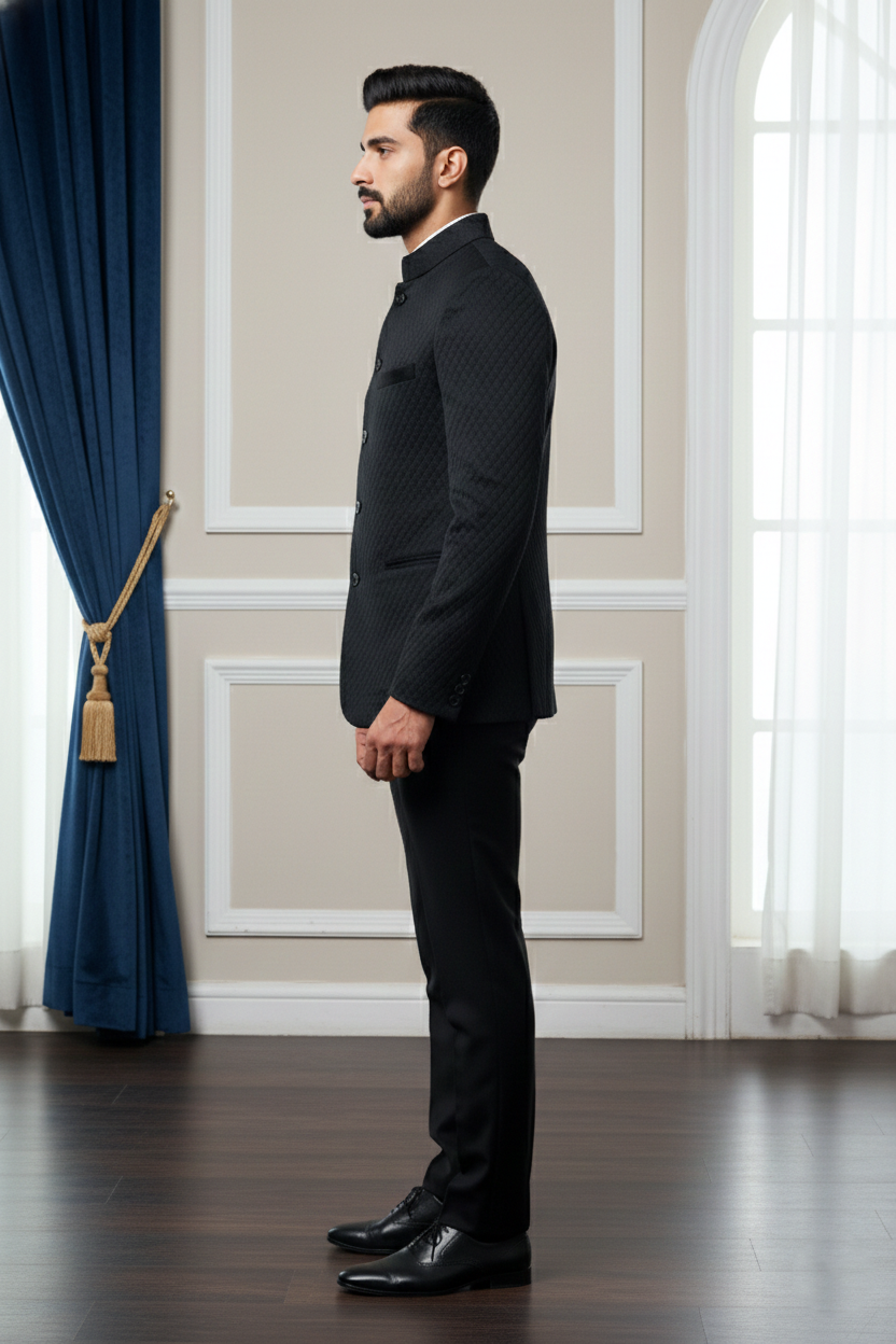 Men's Black Quilted Velvet Bandhgala Jodhpur  Jacket