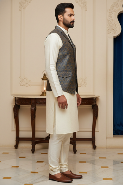 Men’s Navy Blue Brocade Nehru Jacket | Ethnic Wedding Festive Party Wear Mandarin Collar Sleeveless Waistcoat for Kurta & Indo-Western Outfit