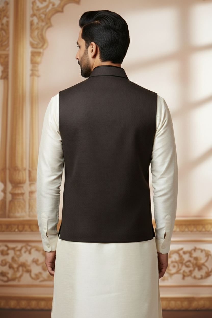 Men’s Black Jacquard Silk Waistcoat with Notch Lapel | Slim Fit Festive Vest