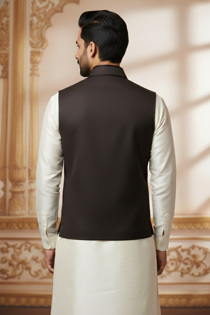 Men’s Black Jacquard Silk Waistcoat with Notch Lapel | Slim Fit Festive Vest