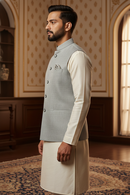 Light Grey Nehru Jacket with Pocket Square &  Cream Kurta Set