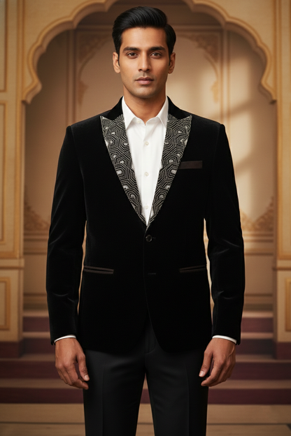 Midnight Black Velvet Blazer with Geometric Embroidered Lapels , Slim Fit Indo-Western Tuxedo