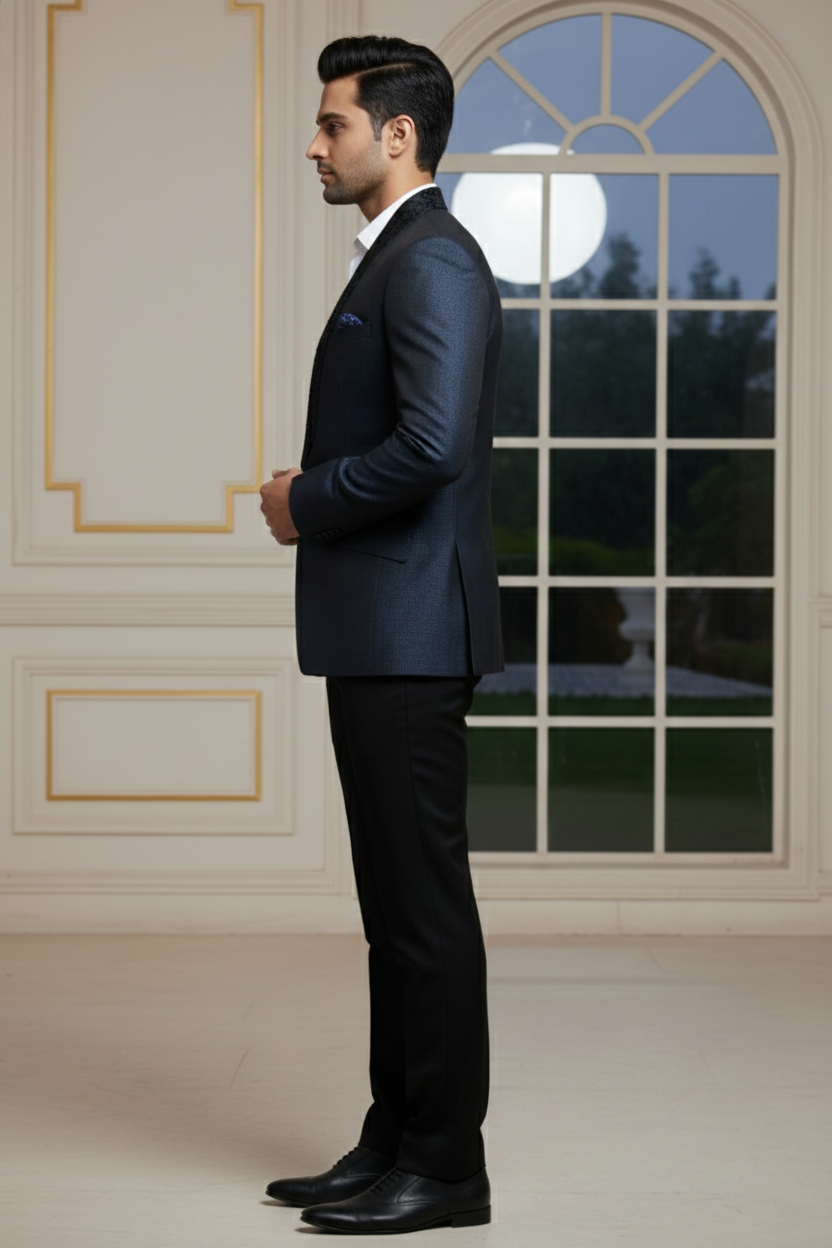Dark Blue Formal Blazer with Textured Lapel Detail