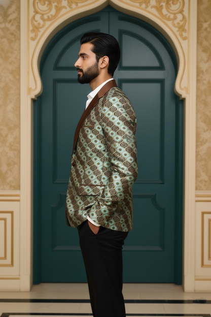 Men'sSeafoam Green & Antique Bronze Jacquard Tuxedo Blazer , Designer Ethnic Fusion