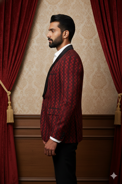 Men's Luxury Maroon & Black Checkered Jacquard Blazer