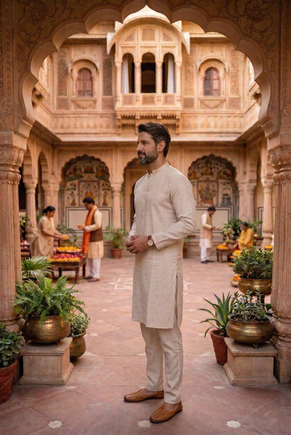 Men's Beige Cotton Linen Plain Kurta Pajama Set