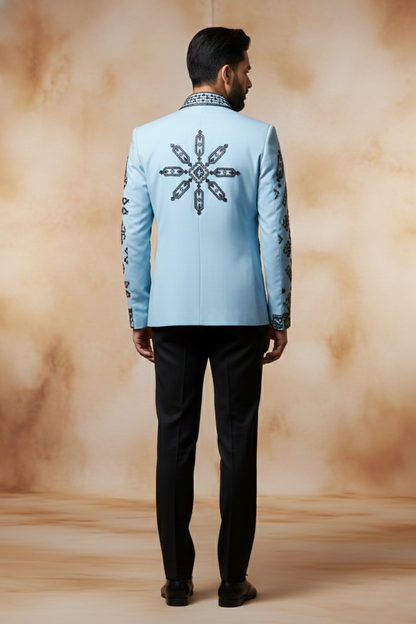 Men'sSky Blue Printed Indo-Western Blazer