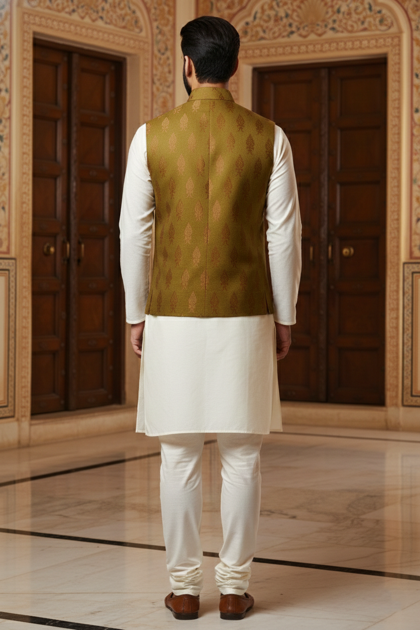 Men’s Olive Green Nehru Jacket with Gold Motif Work | Ethnic Waistcoat