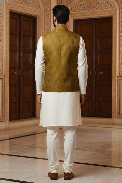 Men’s Olive Green Nehru Jacket with Gold Motif Work | Ethnic Waistcoat