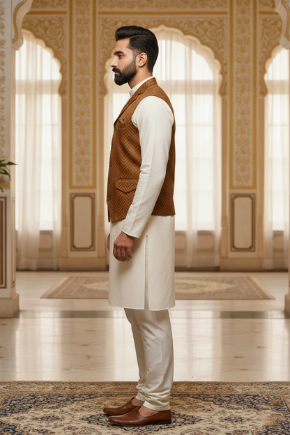 Men’s Mustard Brocade Nehru Jacket | Ethnic Wedding Festive Party Wear Sleeveless Waistcoat with Mandarin Collar for Kurta & Indo Western Outfit