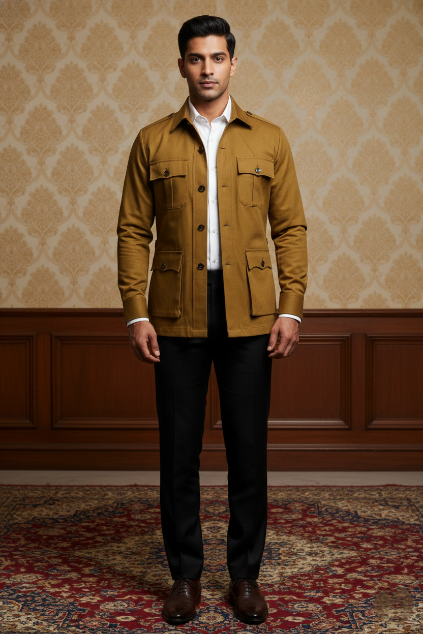 Men'sPremium Mustard Yellow Safari Jacket , Slim-Fit Cotton-Blend Utility Blazer with Cargo Pockets