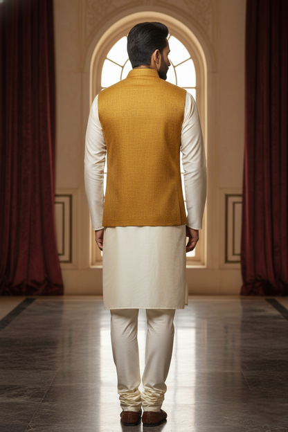 Men’s Yellow Nehru Jacket | Classic Ethnic Modi Jacket with Button Closure | Sleeveless Waistcoat for Festive & Wedding Wear