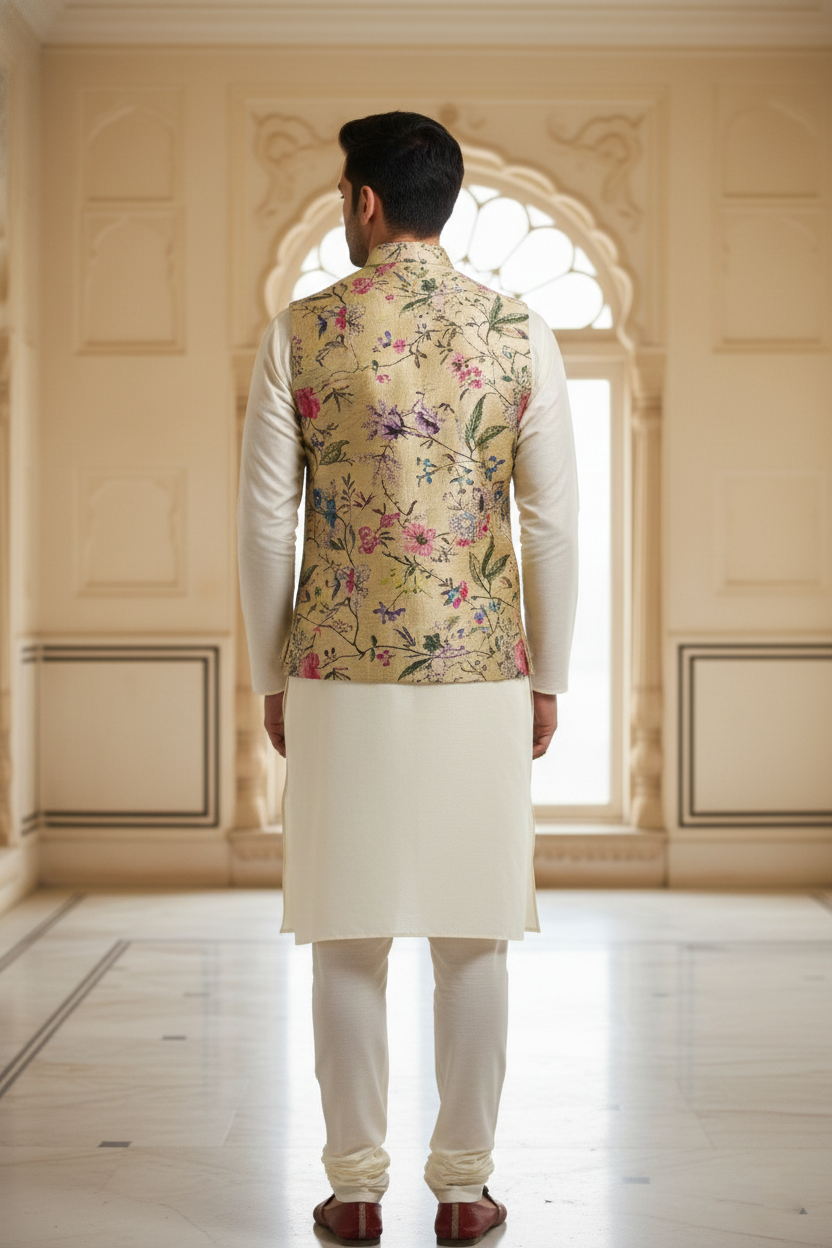 Men’s Pale Gold Floral Print Festive Nehru Jacket