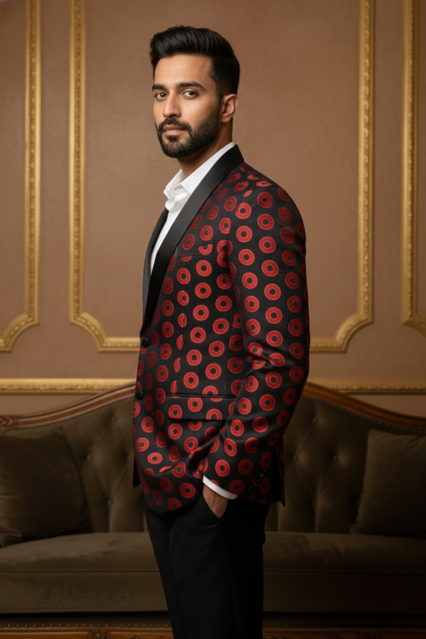 Men's Premium Black & Red Geometric Polka-Dot Party Wear Blazer , Slim Fit Tuxedo Style