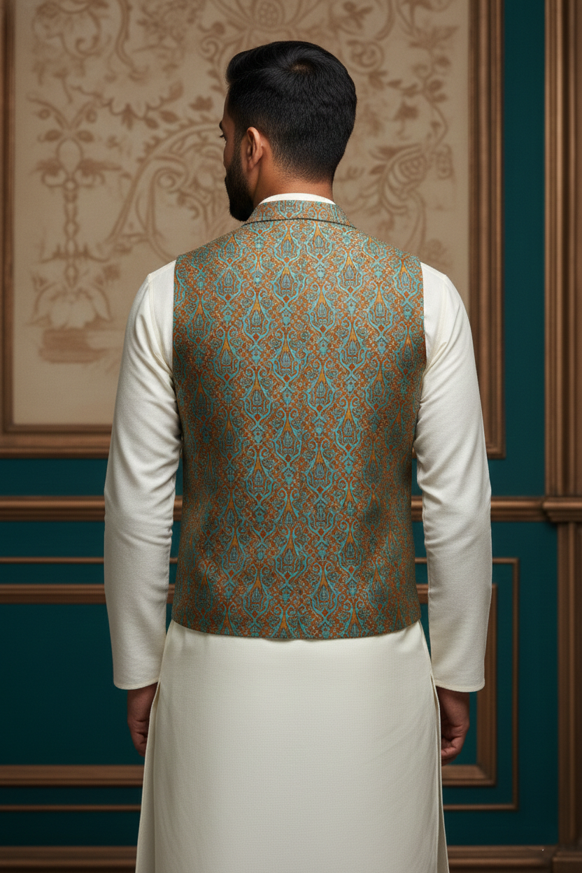 Men’s Royal Blue Nehru Jacket with Orange Thread Work | Ethnic Festive Waistcoat for Weddings &amp; Parties