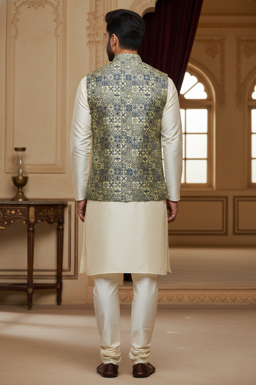 Artisanal Heritage: The Cerulean Tile Print Nehru Jacket