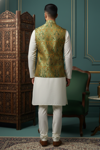 Men’s Green Printed Nehru Jacket with Ivory Kurta