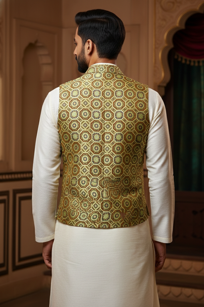 Men's Premium Geometric Print Nehru Jacket – Slim Fit V-Neck Waistcoat for Ethnic & Casual Wear