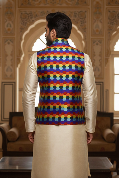 Men’s Multicolor Printed Nehru Jacket with Ivory Kurta