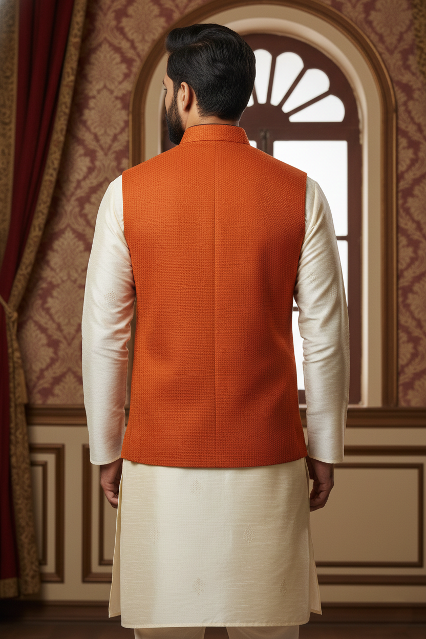 Men’s Rust Orange Nehru Jacket with Ivory Kurta