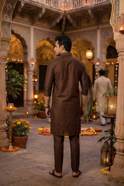 Men's Chocolate Brown Silk-Blend Plain Kurta Pajama Set