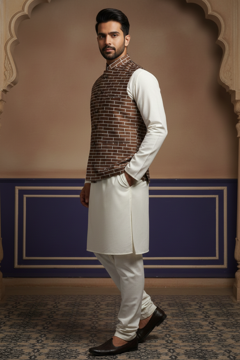 Men’s Brown Nehru Jacket with White Line Pattern | Ethnic Mandarin Collar Waistcoat for Festive & Formal Wear