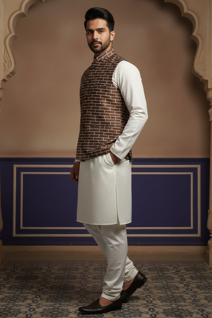 Men’s Brown Nehru Jacket with White Line Pattern | Ethnic Mandarin Collar Waistcoat for Festive & Formal Wear