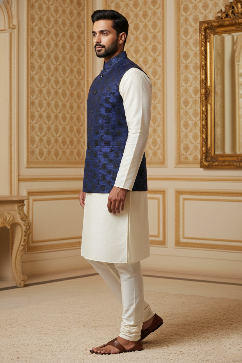 Men’s Royal Blue Nehru Jacket with Textured Work | Ethnic Waistcoat