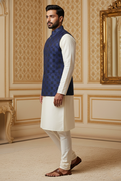 Men’s Royal Blue Nehru Jacket with Textured Work | Ethnic Waistcoat