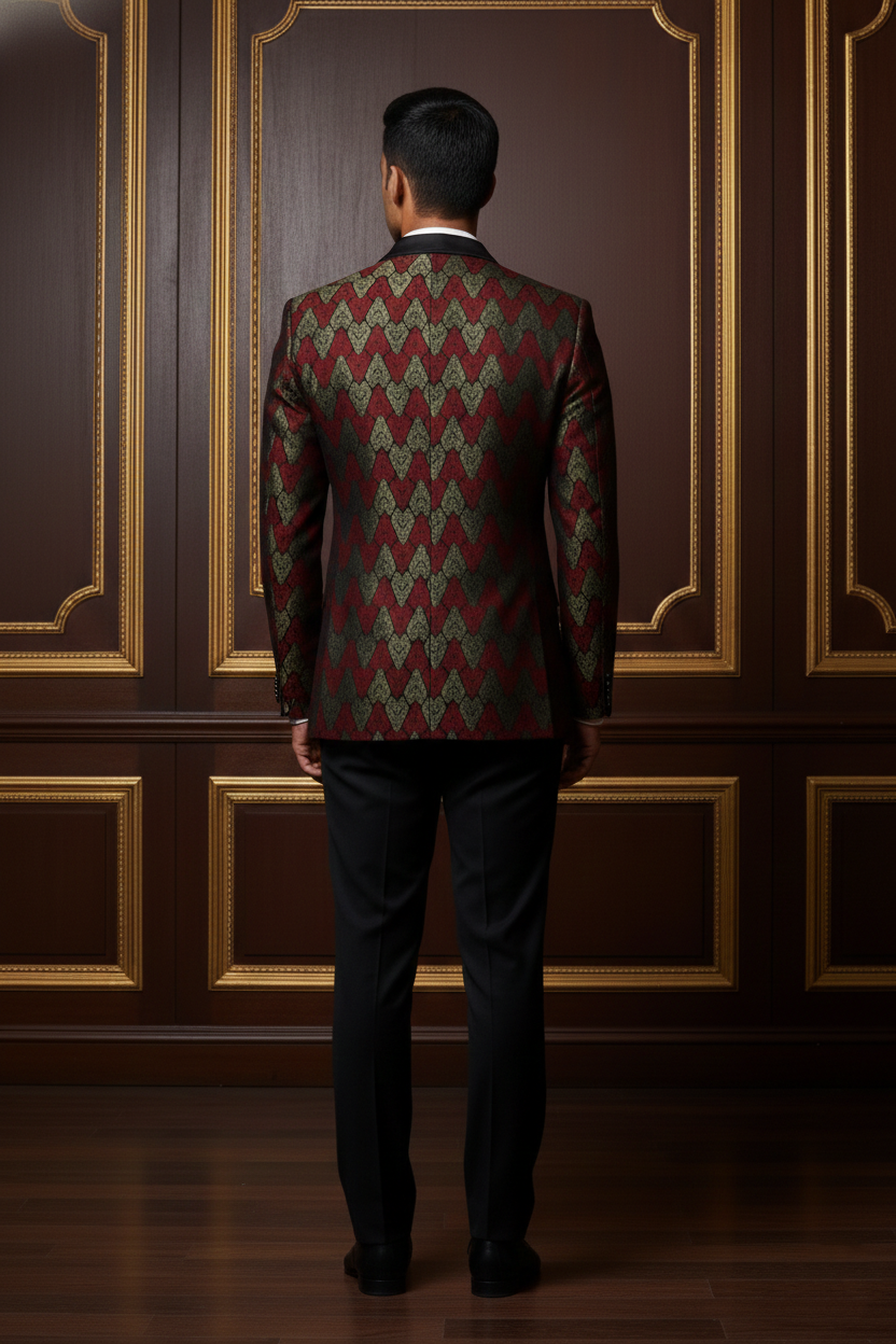 Men's Premium Maroon & Gold Brocade Tuxedo Blazer , Slim Fit Jacquard Party Wear Dinner Jacket