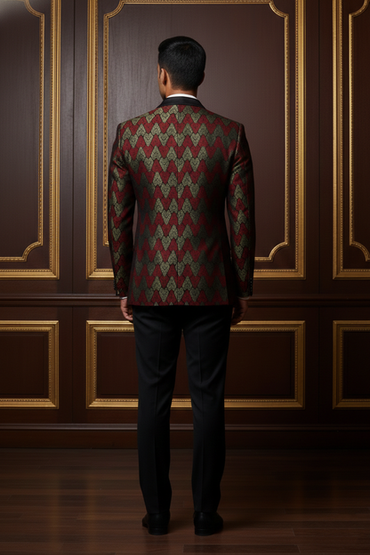 Men's Premium Maroon & Gold Brocade Tuxedo Blazer , Slim Fit Jacquard Party Wear Dinner Jacket