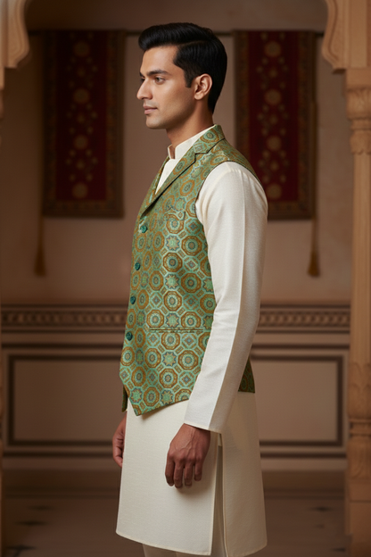 Men’s Green Designer Waistcoat | Purple, Green & Red Work Slim Fit Festive Vest