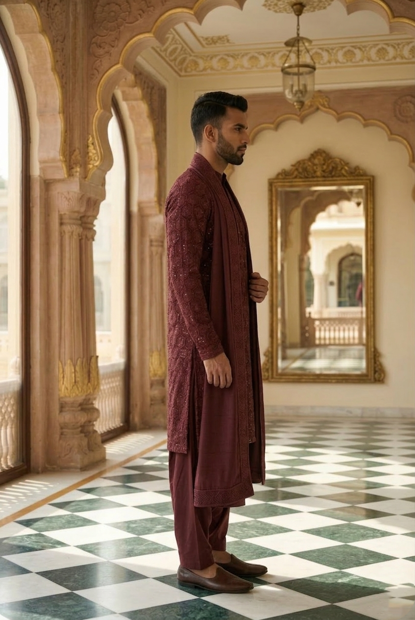 Men's Wine Geometric Sequin Designer Kurta Pajama