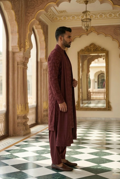 Men's Wine Geometric Sequin Designer Kurta Pajama