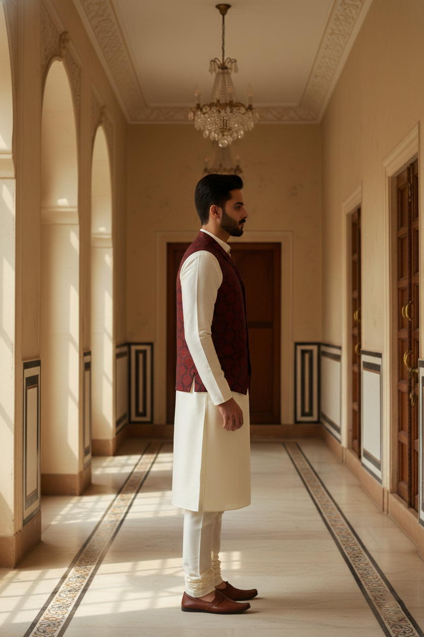 Men's Maroon & Black Jacquard Silk Waistcoat with Notch Lapel