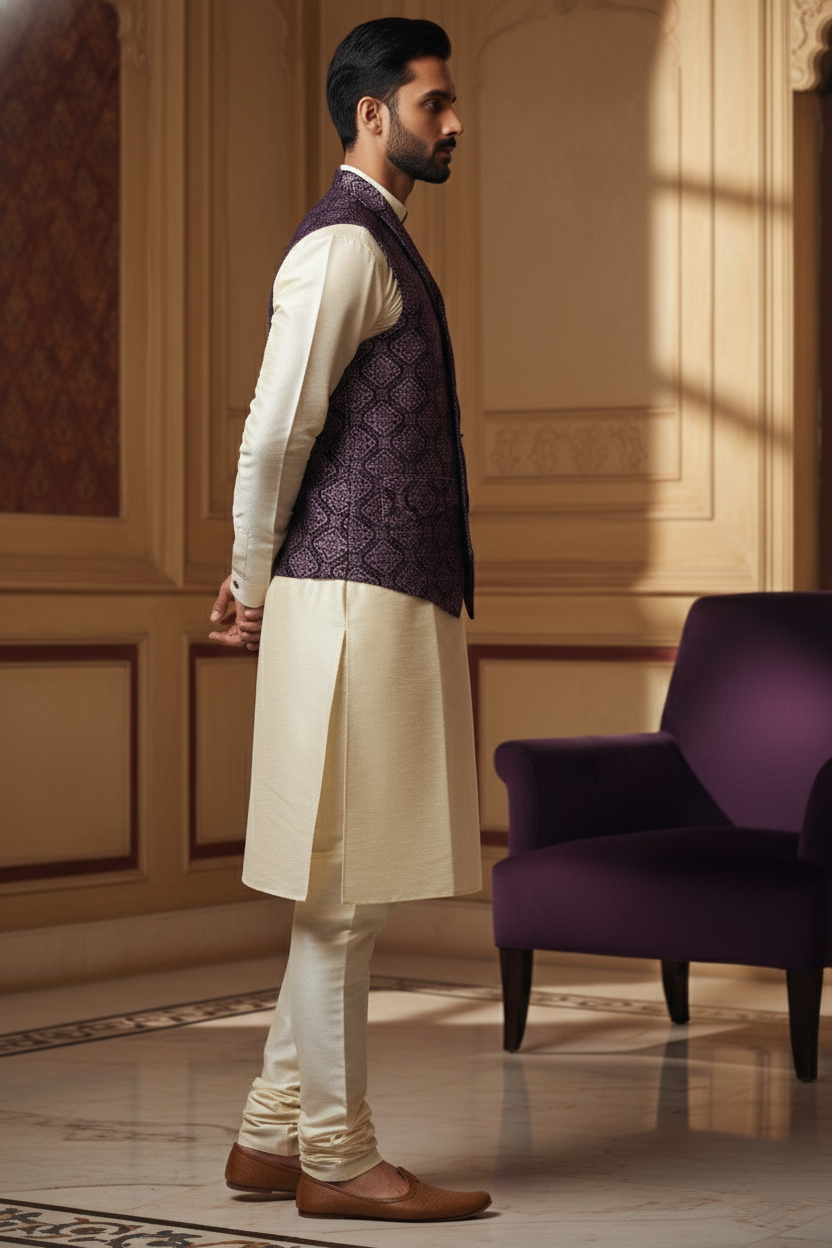 Men’s Purple Jacquard Silk Waistcoat with Notch Lapel | Slim Fit Festive Vest