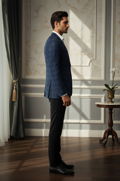 Men's Premium Blue Jacquard Checkered Blazer