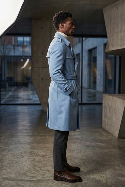Men'sSky Blue Wool-Blend Belted Modern Trench Coat