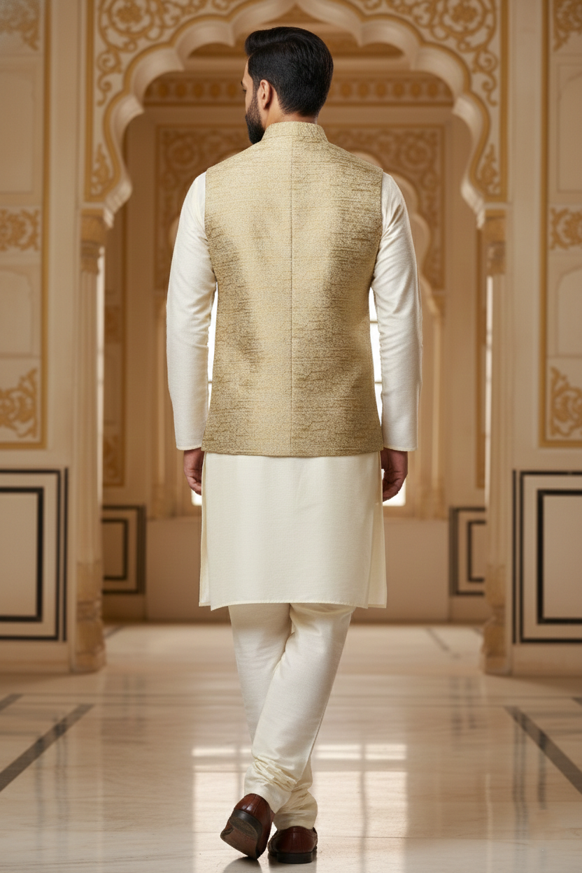 Men’s Gold Beige Nehru Jacket with Subtle Textured Work | Ethnic Waistcoat