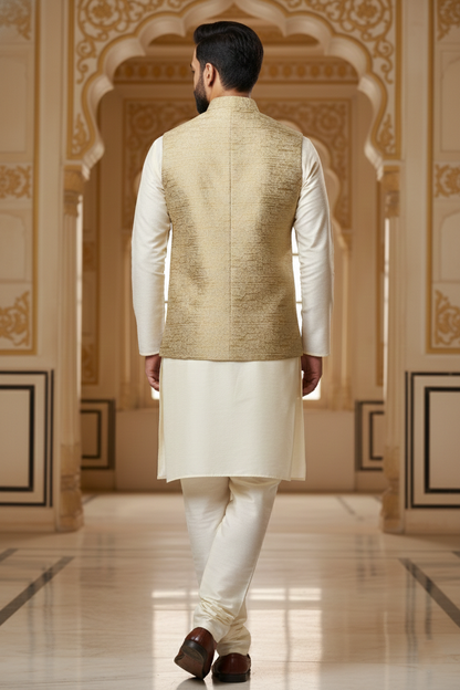 Men’s Gold Beige Nehru Jacket with Subtle Textured Work | Ethnic Waistcoat