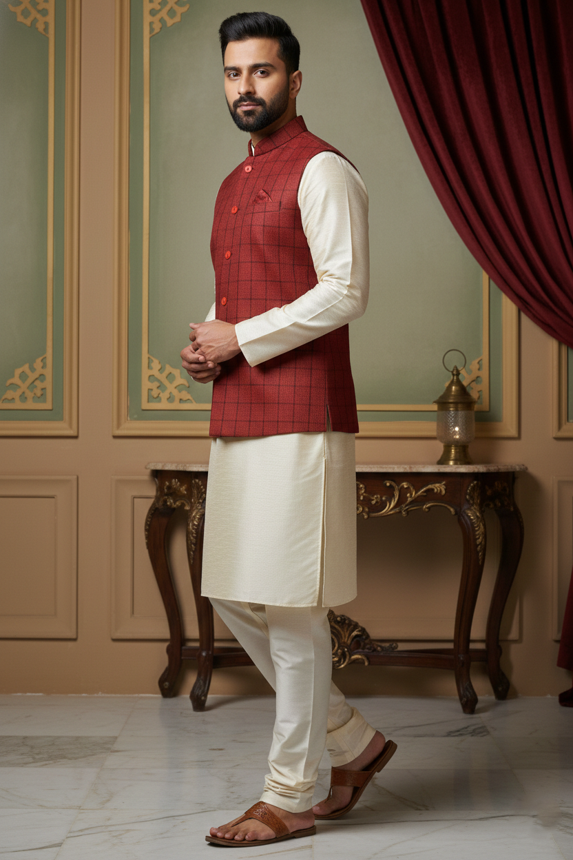 Red Checkered Nehru Jacket with Cream Kurta Set