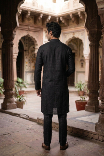 Men's Jet Black Linen-Blend Plain Kurta Pajama Set