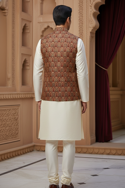 Men’s Rust Printed Nehru Jacket with Ivory Kurta