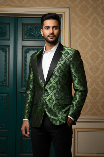 Emerald Sovereign Green Jacquard Blazer , Slim Fit Designer Tuxedo with Satin Peak Lapels