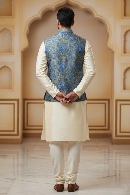 Blue & Green Brocade Nehru Jacket with Cream  Kurta Set