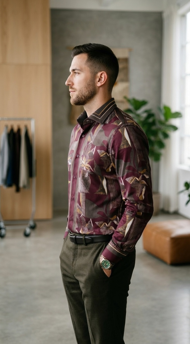 Men'sDesigner Slim-Fit Abstract Mosaic Print Shirt , Burgundy & Olive Ochre