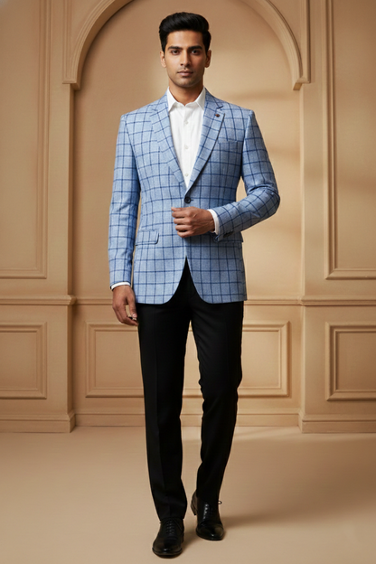 Men's Premium Sky Blue Checkered Jacquard Blazer