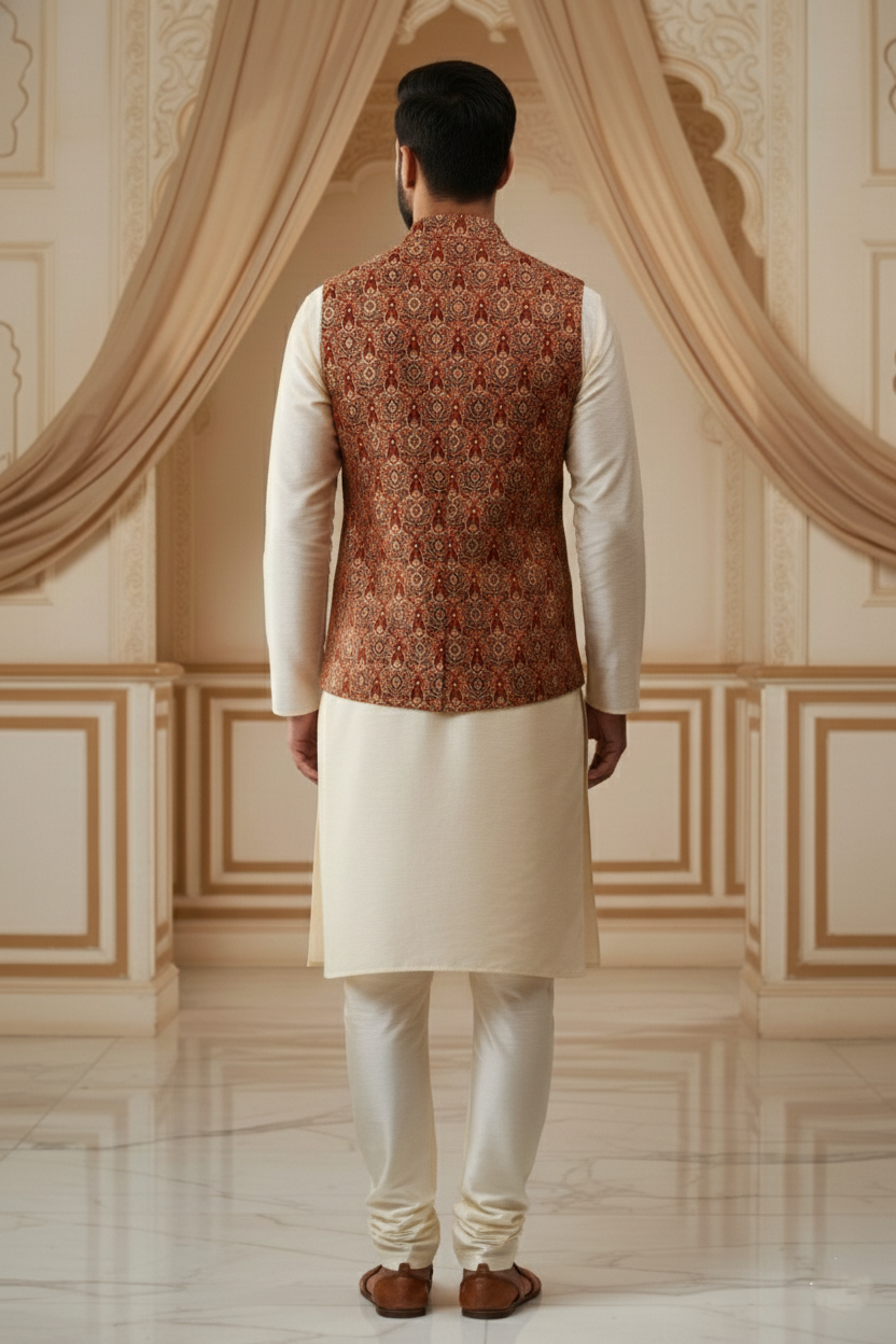 Men’s Rust Printed Nehru Jacket | Ethnic Waistcoat for Kurta Pajama & Festive Wear