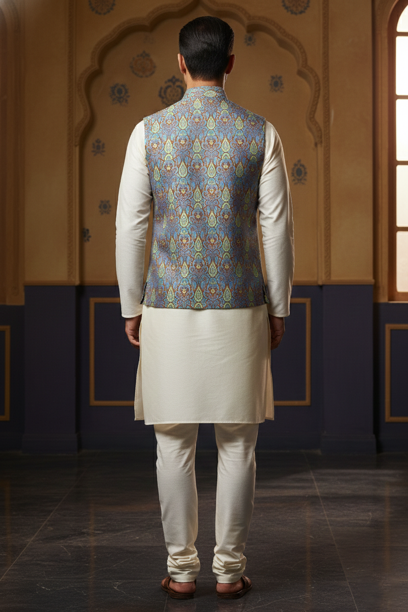 Men’s Blue Printed Nehru Jacket | Ethnic Mandarin Collar Waistcoat for Festive & Wedding Wear